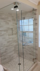 Earopean shower enclosure with polished nickel hardware